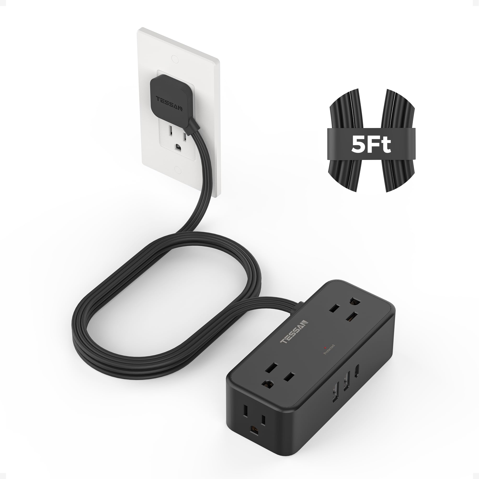 TESSAN regleta vista frontal mostrando 4 tomas AC y puertos USB, ideal para múltiples dispositivos