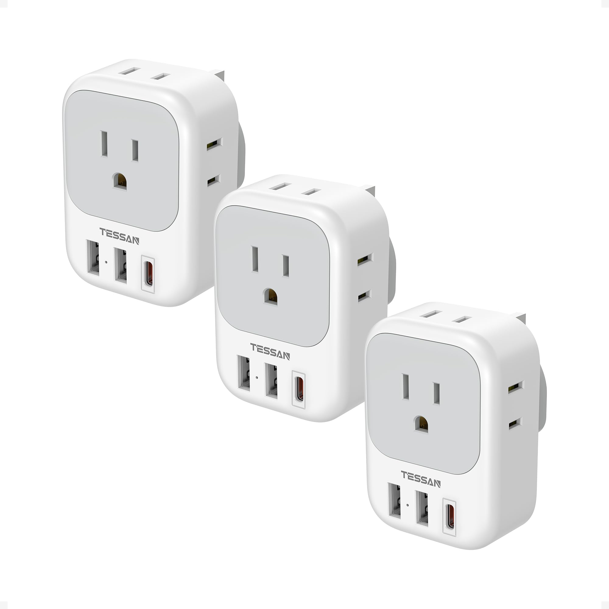 TESSAN front view showing UK plug and multiple US outlets for convenient charging