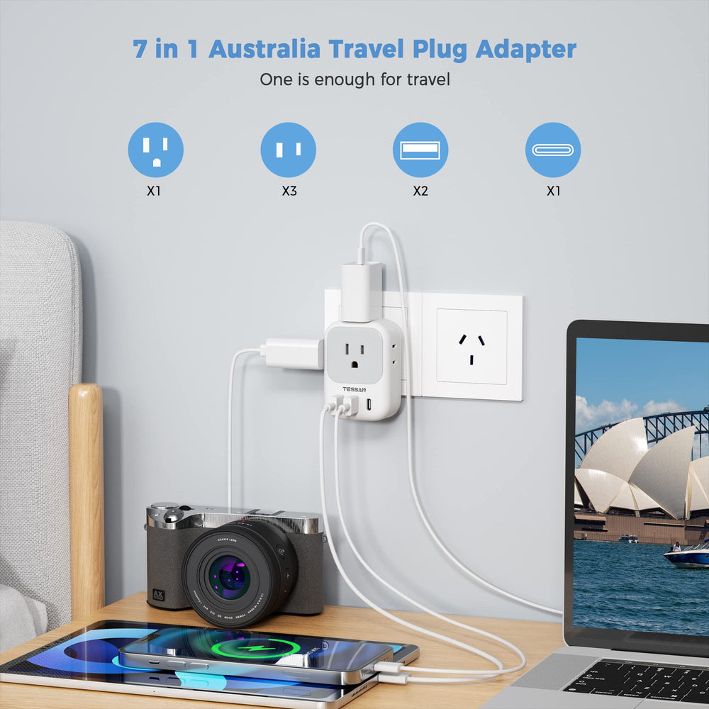 TESSAN adaptador dentro de una maleta ilustrando su tamaño y portabilidad