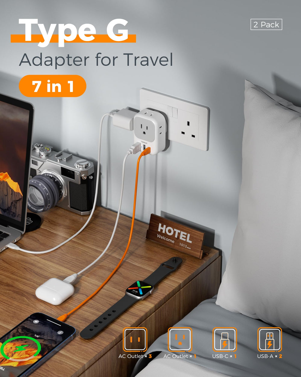TESSAN vista superior de los puertos AC y USB que permiten varias conexiones