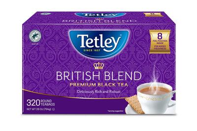 Tetley paquete frente mostrando la caja y marca Tetley, conveniencia a granel