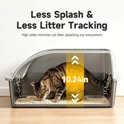 Tevila high sides and 5.7-inch splash guard detail preventing litter scatter benefit
