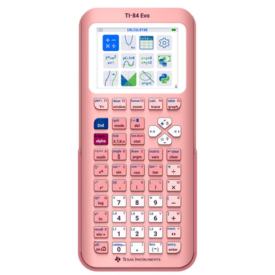 Texas Instruments TI-84 Evo front view in pink showing clear display and durability