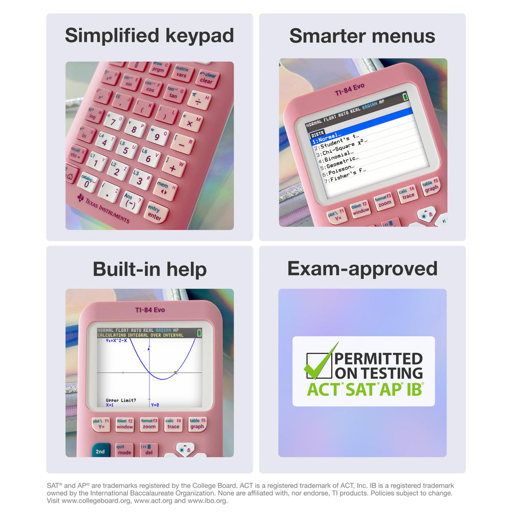 Texas Instruments TI-84 Evo keypad close-up with simplified buttons for faster entry