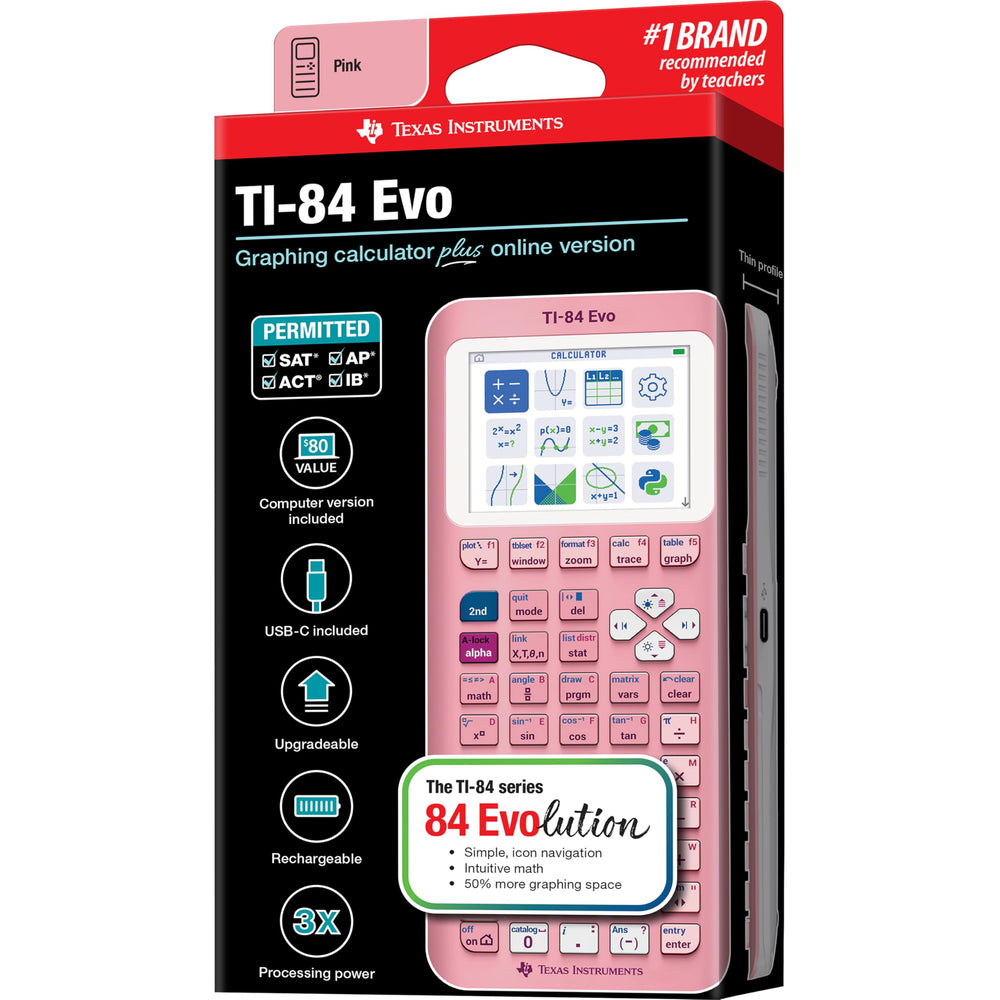 Texas Instruments TI-84 Evo side profile showing USB-C port for reliable charging