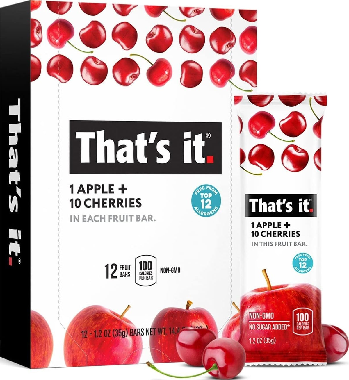 That's it. empaque frontal de Apple + Cherry mostrando ingredientes reales y transparencia