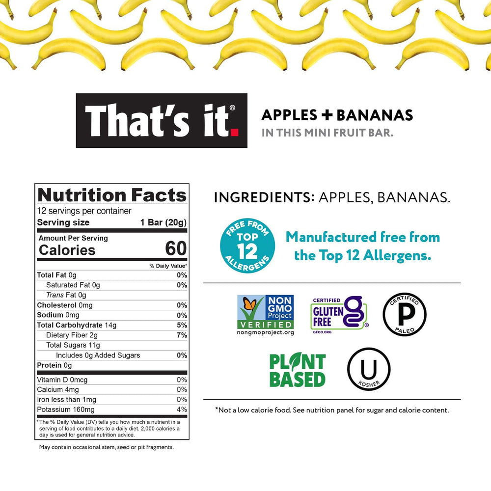 That's it. apple+banana mini bar close-up displaying natural fruit texture and fiber