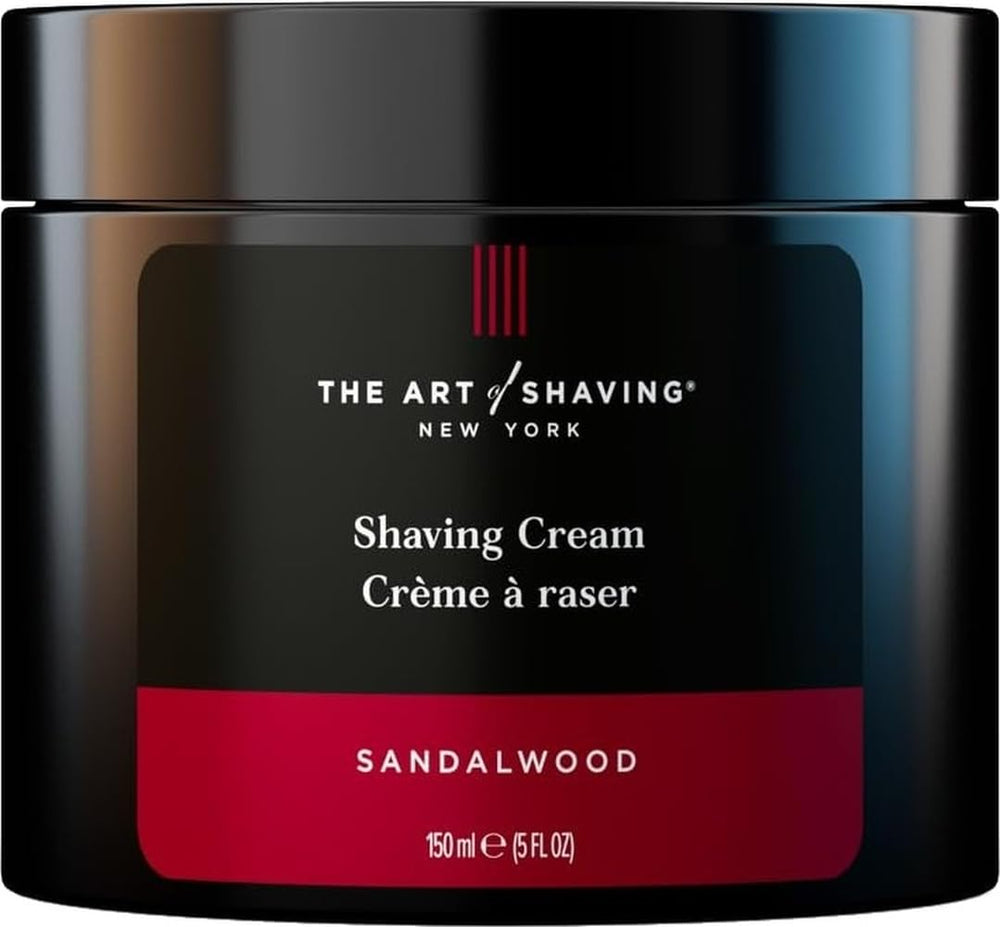 The Art of Shaving front tube view showing sandalwood shaving cream packaging and premium look