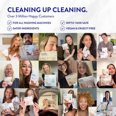 The Clean People hoja junto a lavadora para comparar tamaño visual