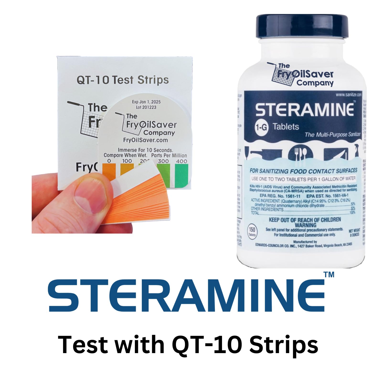 THE FRYOILSAVER COMPANY etiqueta Steramine con instrucciones claras para correcto uso