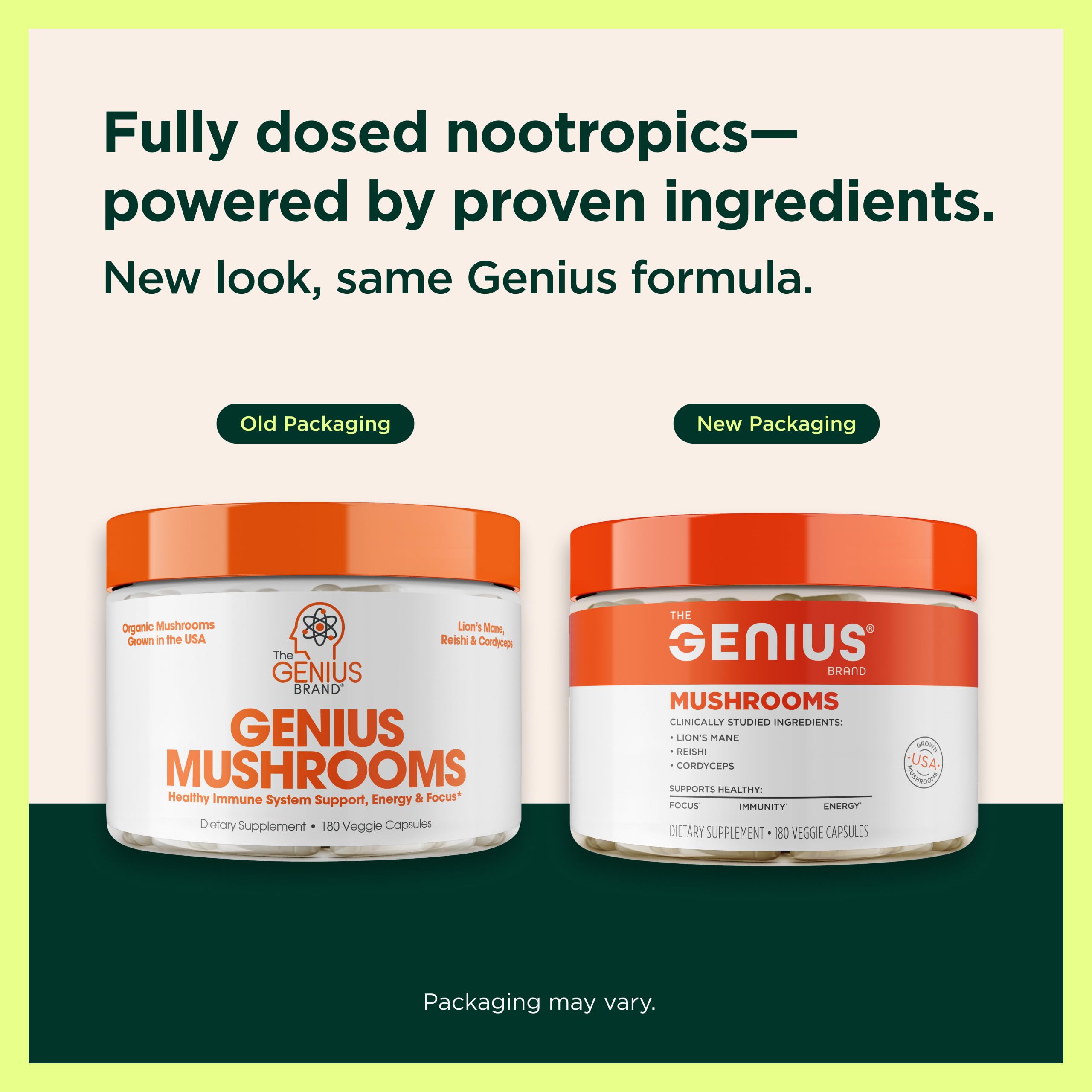 The Genius Brand cápsula junto a una regla para comparar tamaño y dosificación