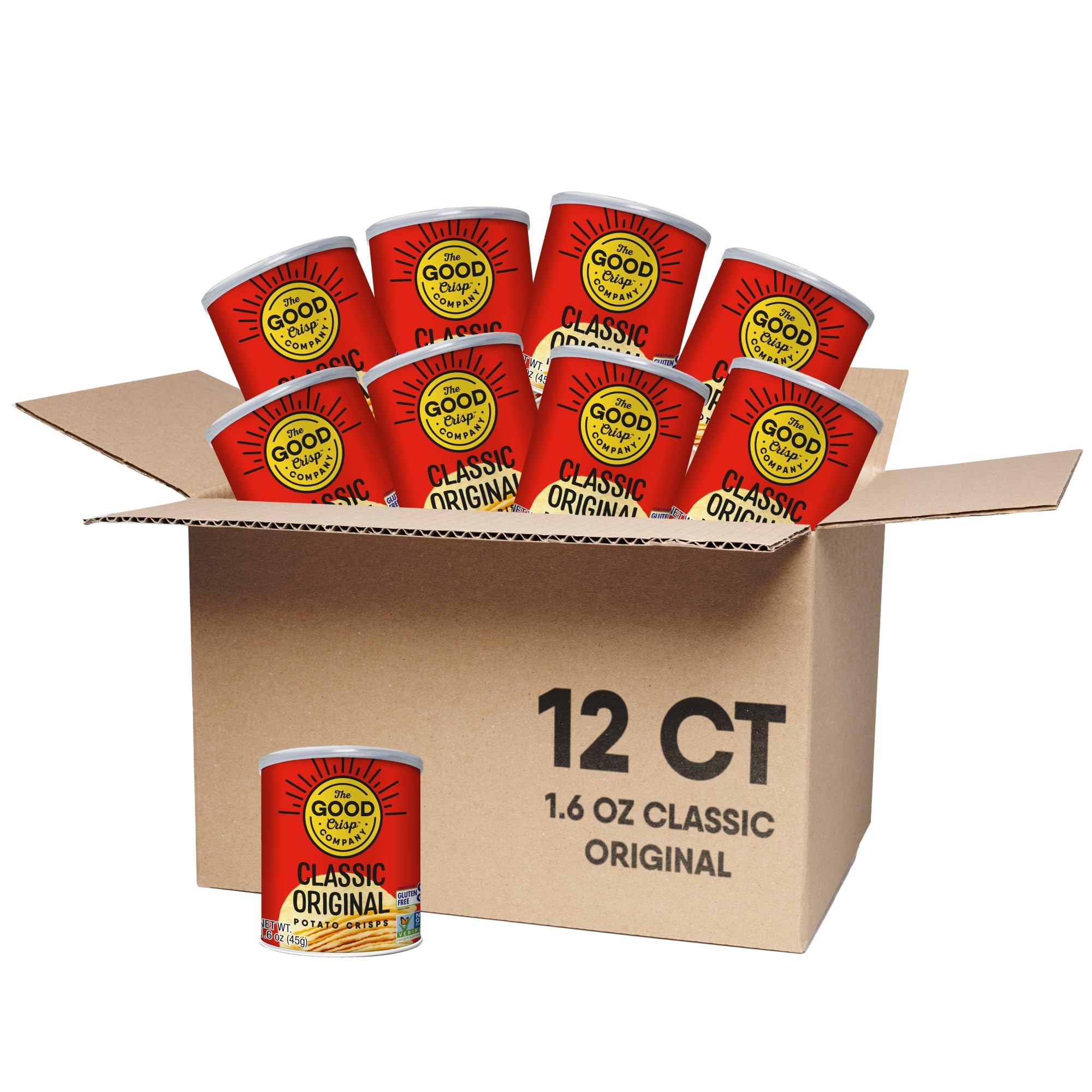 The Good Crisp Company front can showing original flavor and compact size for easy snacks