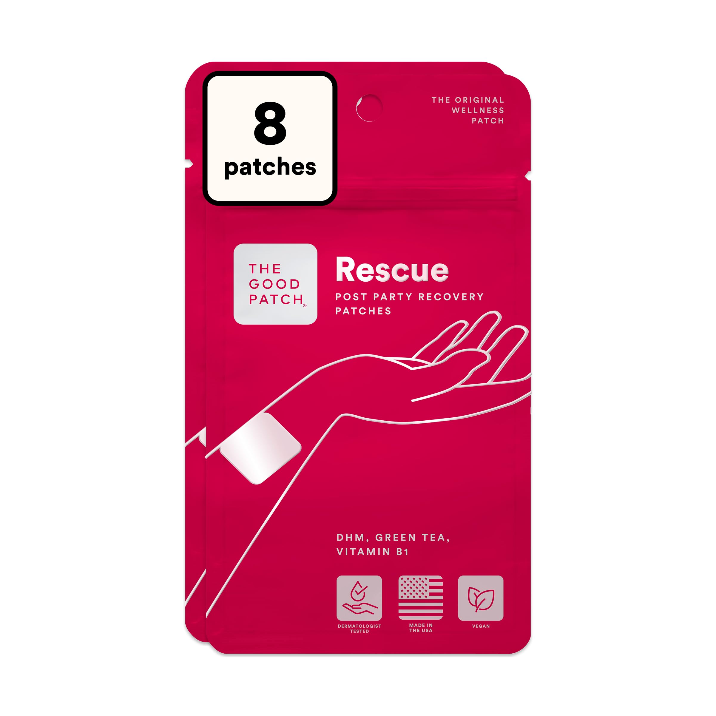 The Good Patch empaque frontal mostrando 8 parches y facilidad de transporte