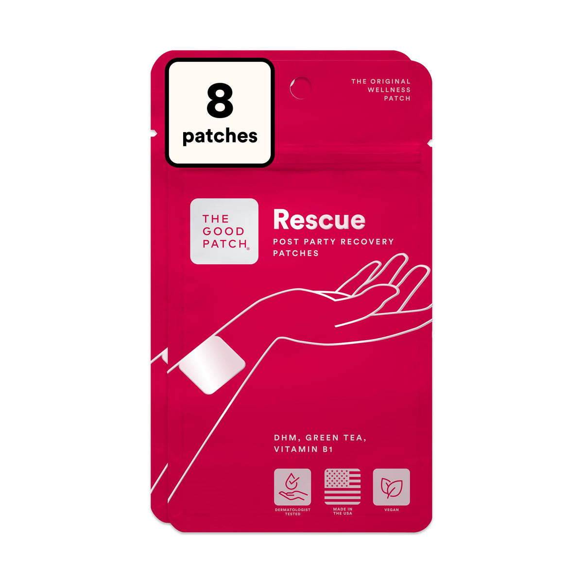 The Good Patch empaque frontal mostrando 8 parches y facilidad de transporte