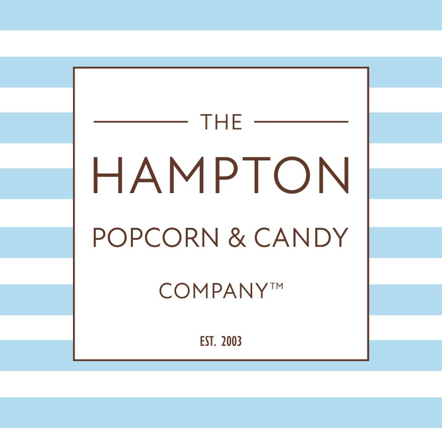 The Hampton Popcorn Company etiqueta del producto con lista de sabores y datos visibles