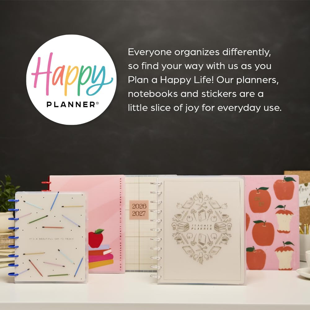 The Happy Planner comparación de tamaño Classic sobre una mesa para escala