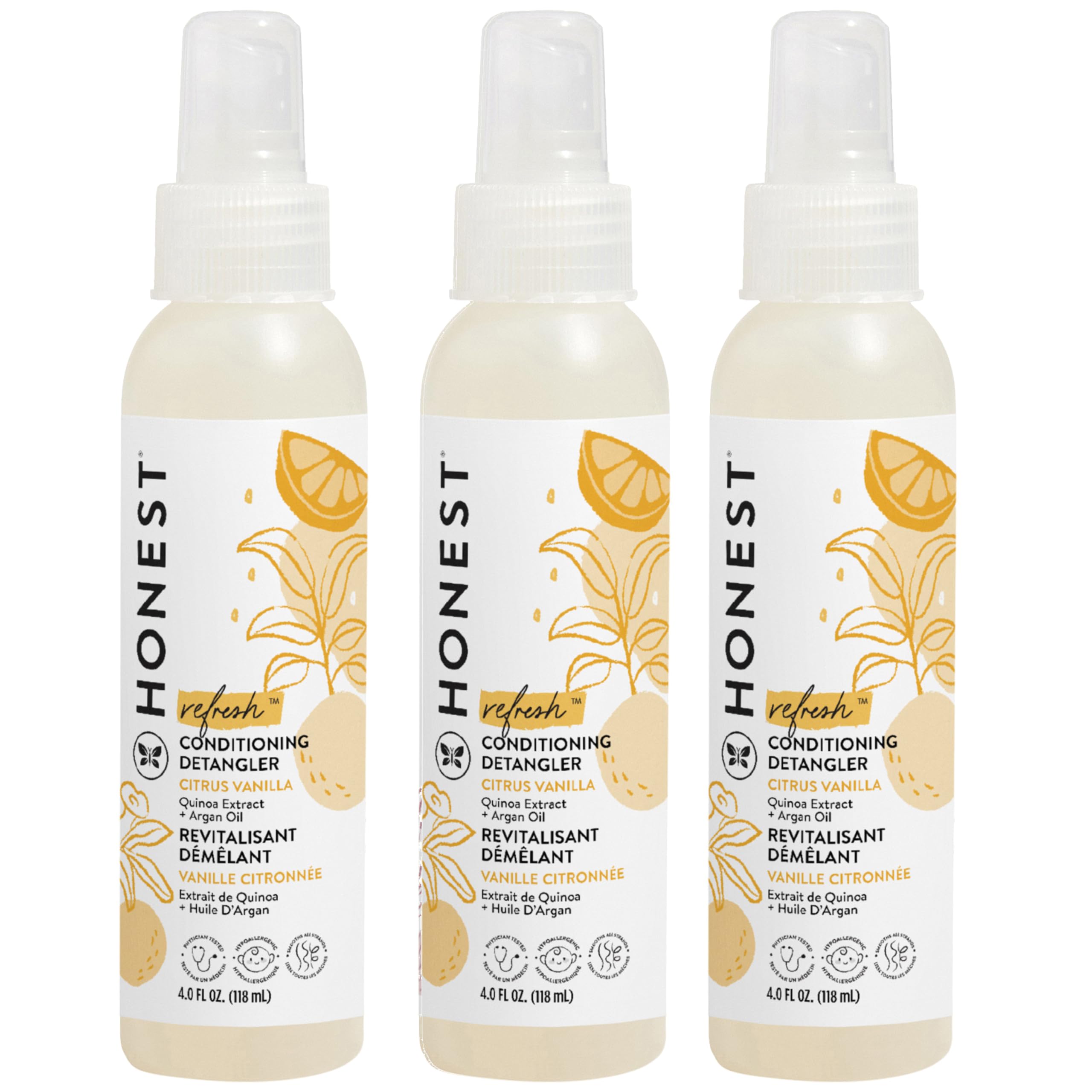 The Honest Company front packaging showing three 4 fl oz detangler bottles and benefits