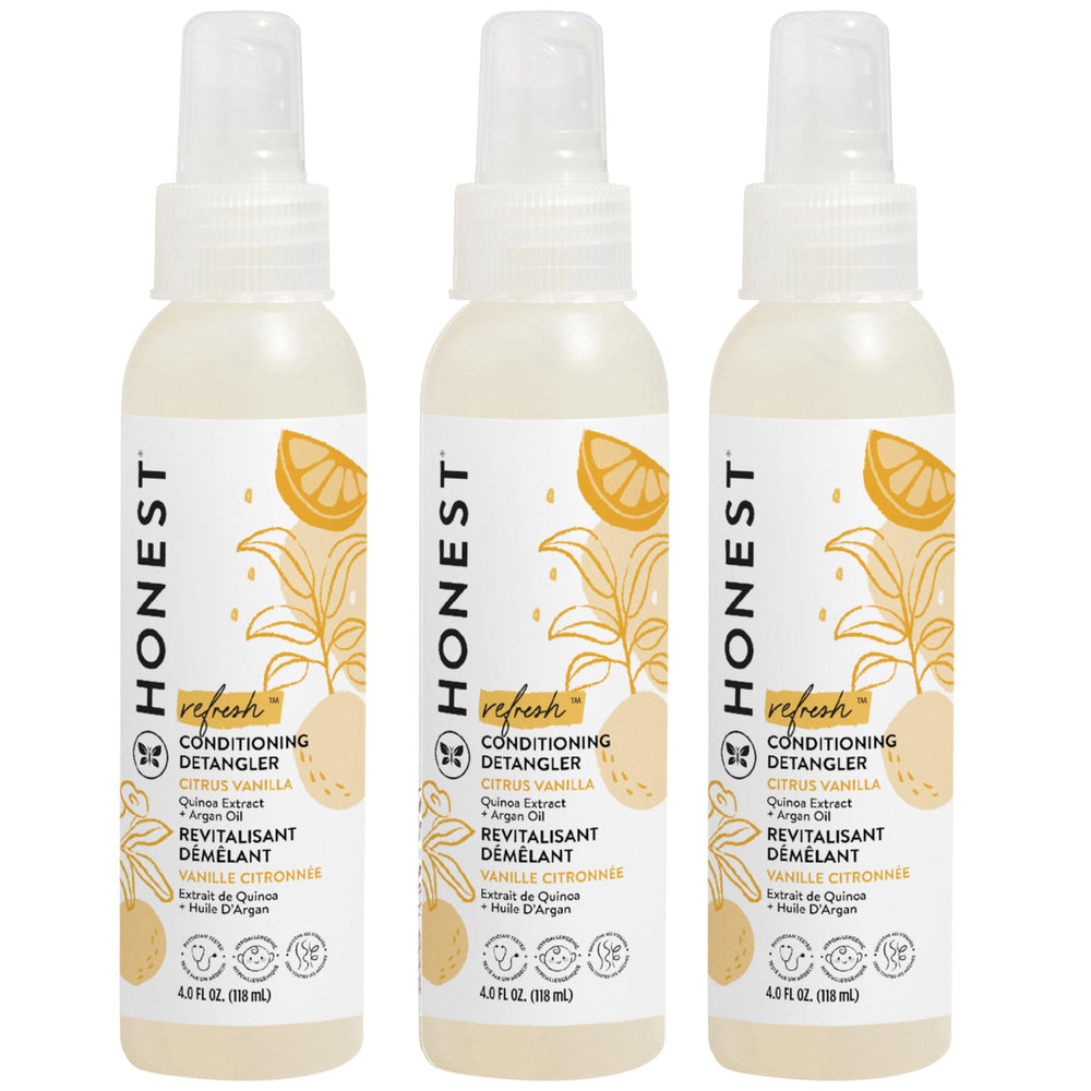 The Honest Company front packaging showing three 4 fl oz detangler bottles and benefits