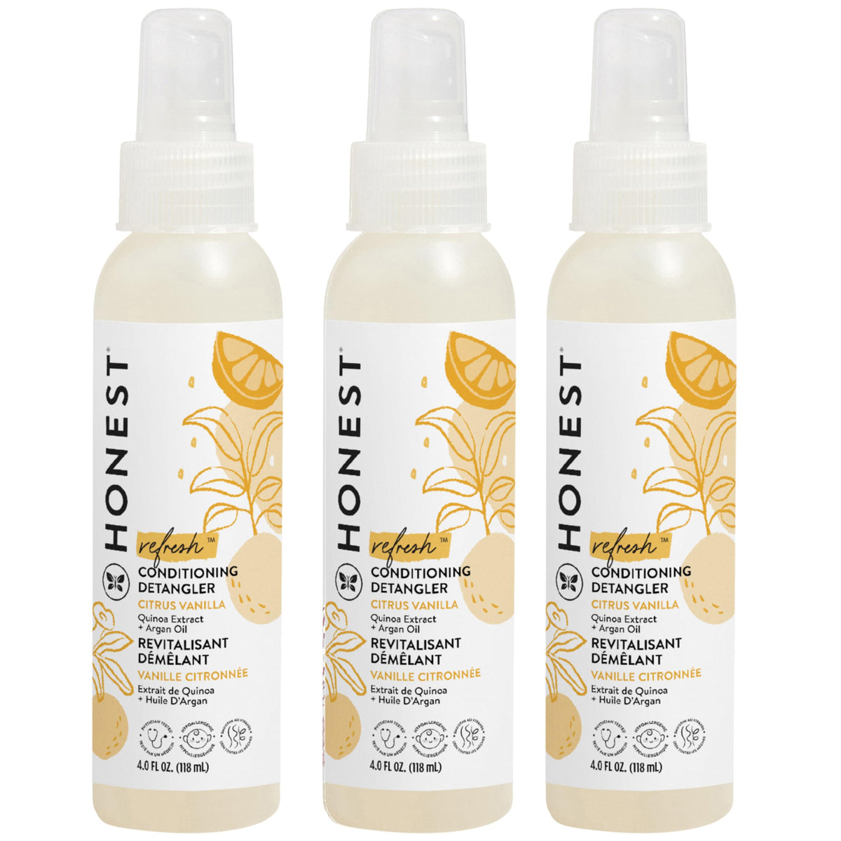 The Honest Company front packaging showing three 4 fl oz detangler bottles and benefits