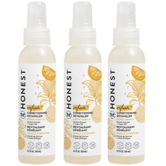 The Honest Company front packaging showing three 4 fl oz detangler bottles and benefits