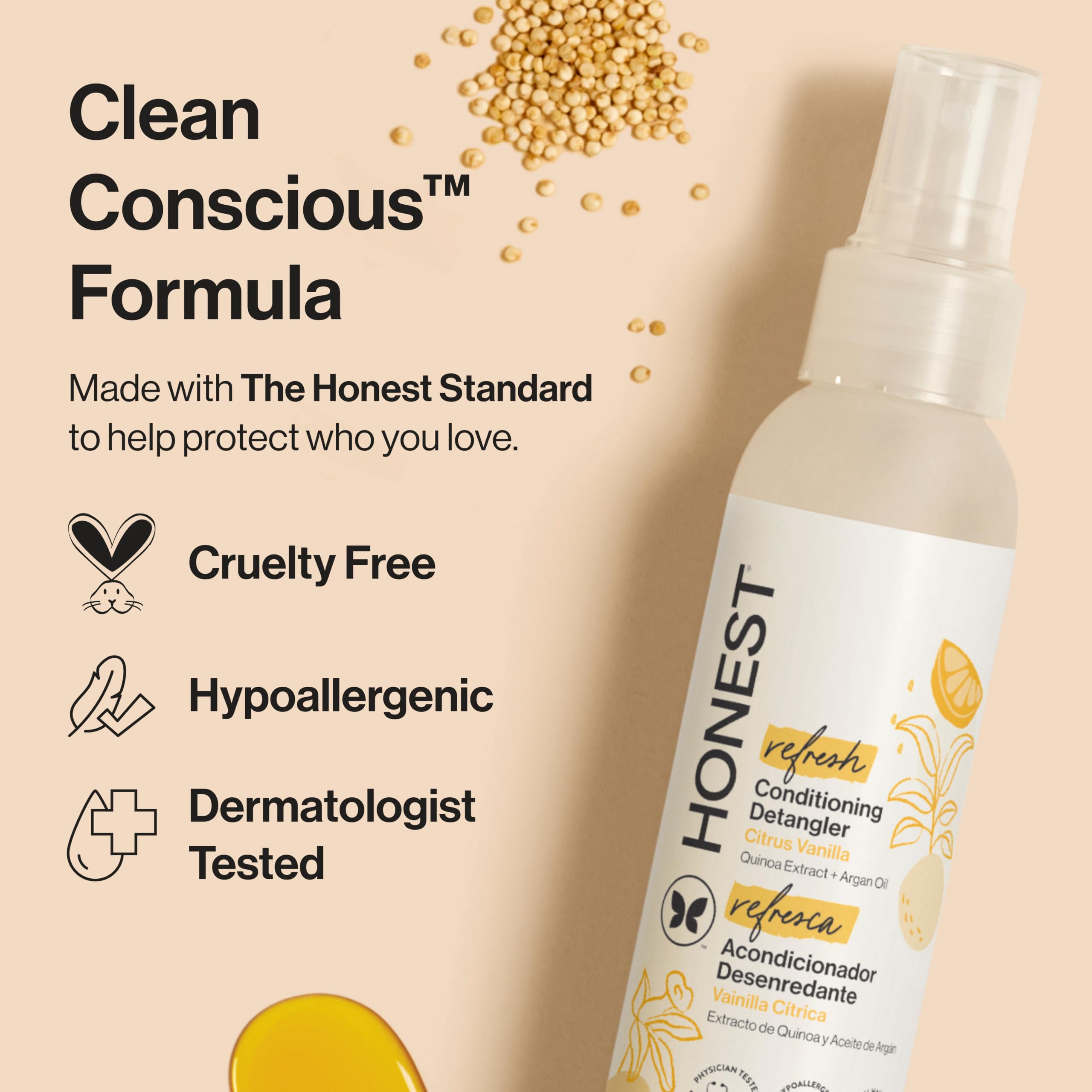 The Honest Company detangler being used on a child’s hair for gentle, tear-free combing