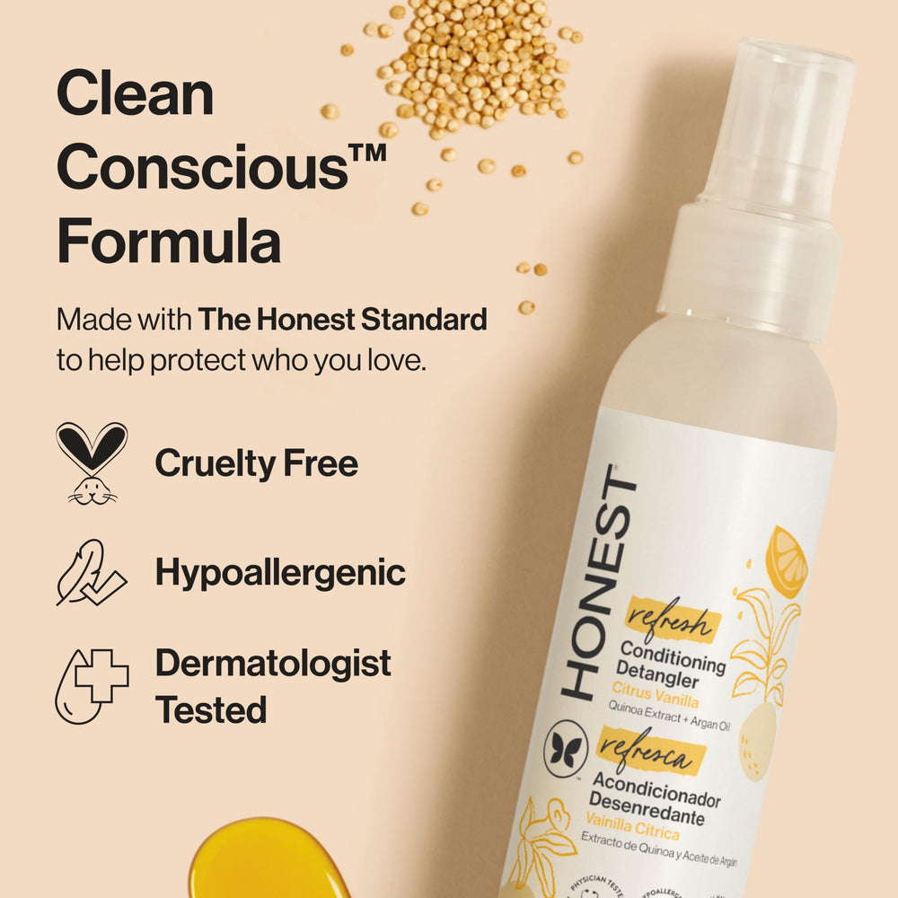 The Honest Company detangler being used on a child’s hair for gentle, tear-free combing