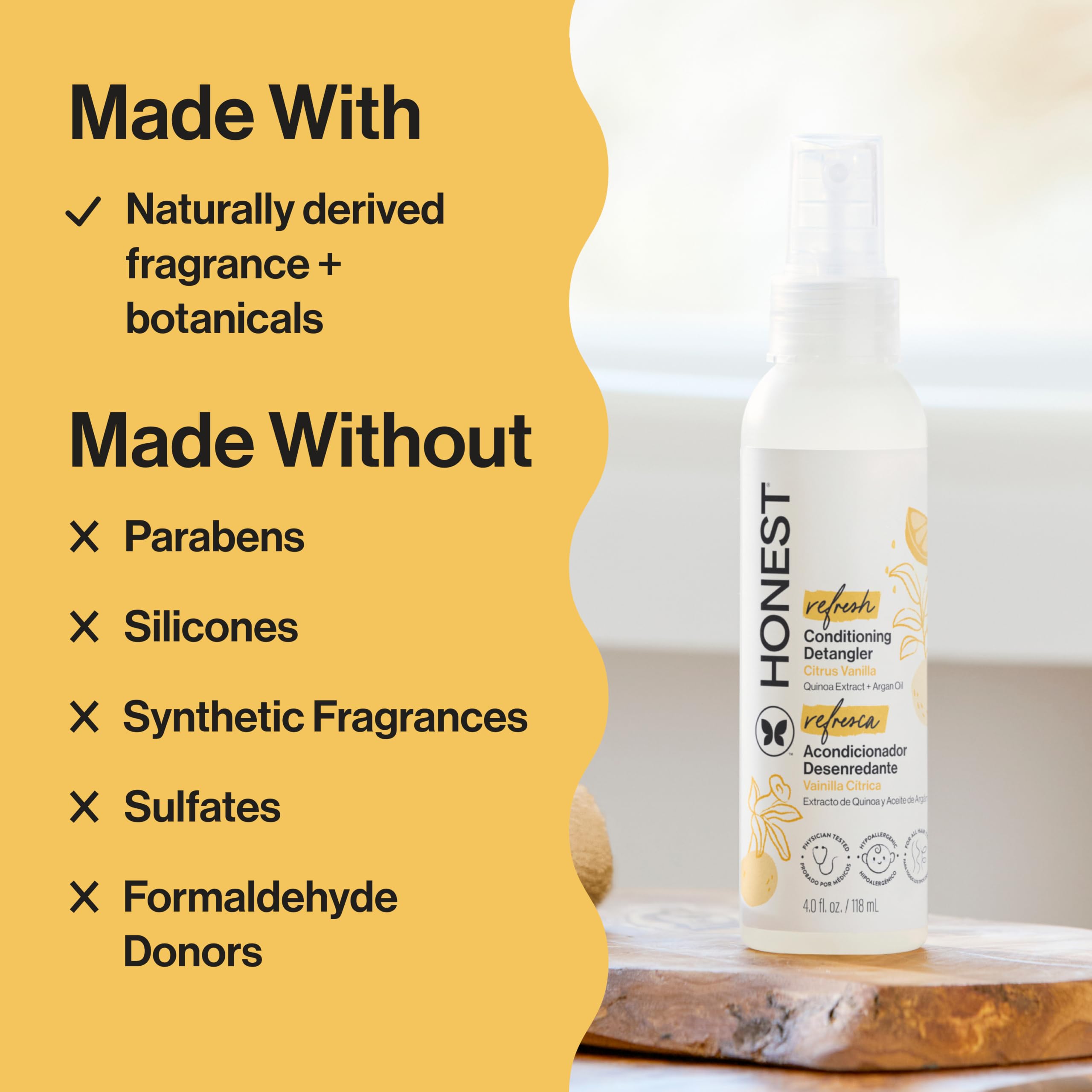 The Honest Company fine mist texture shown on hair for lightweight hydration and slip