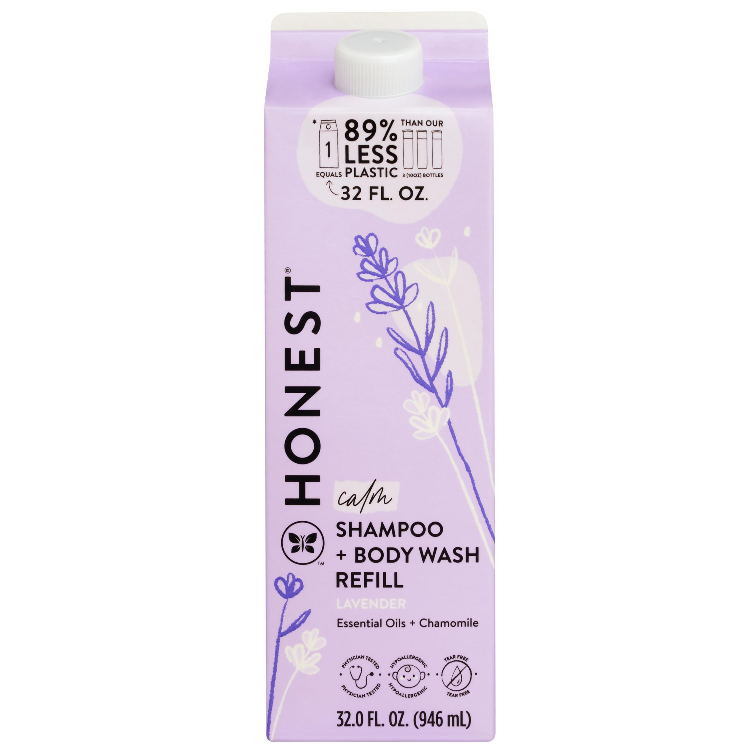 The Honest Company cartón frontal Lavender Calm mostrando el envase y beneficios sostenibles