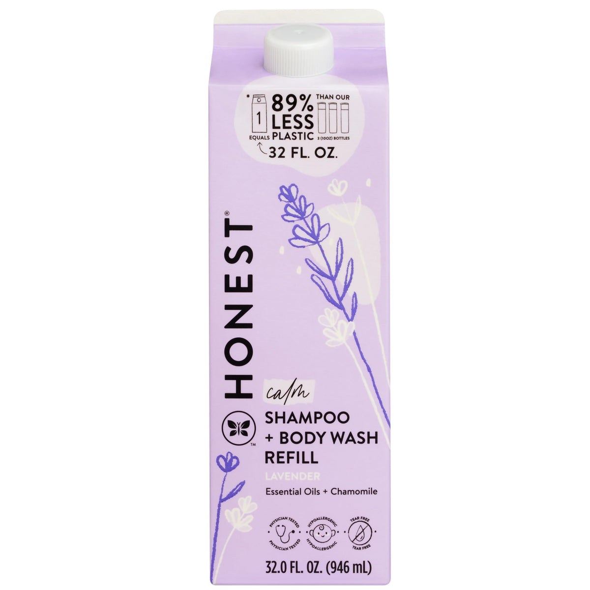 The Honest Company cartón frontal Lavender Calm mostrando el envase y beneficios sostenibles