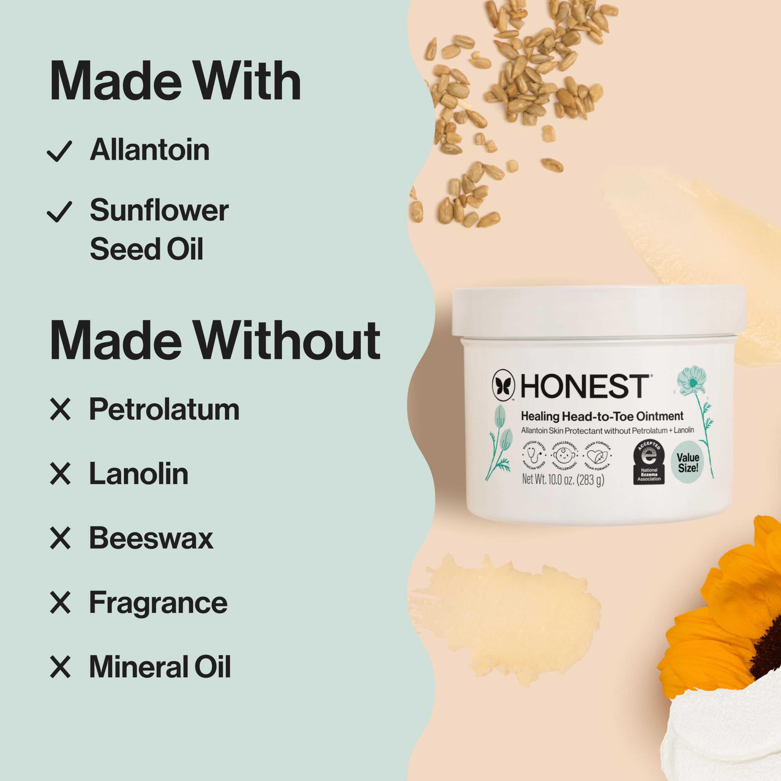The Honest Company comparación de tamaño del envase junto a objetos cotidianos