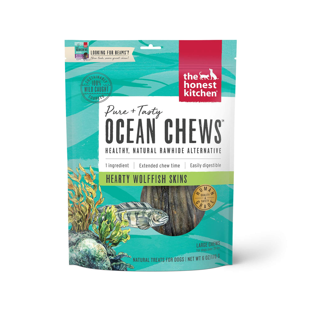 The Honest Kitchen envase frontal Ocean Chews wolffish, presentación clara y confianza