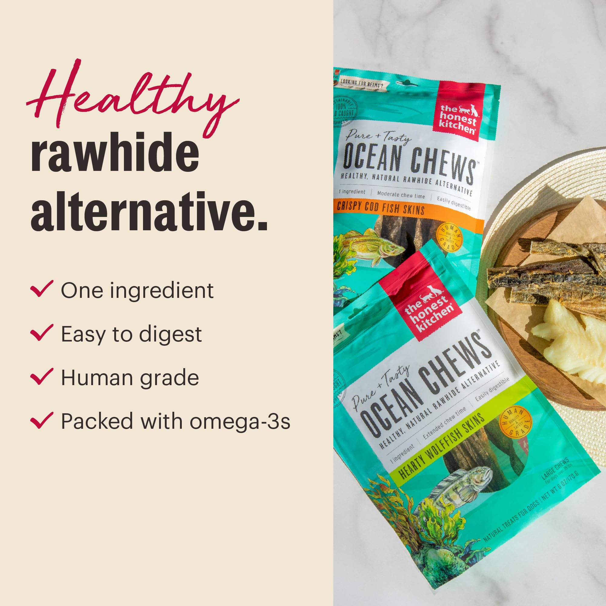 The Honest Kitchen textura cercana de piel de wolffish, muestra natural y nutritiva
