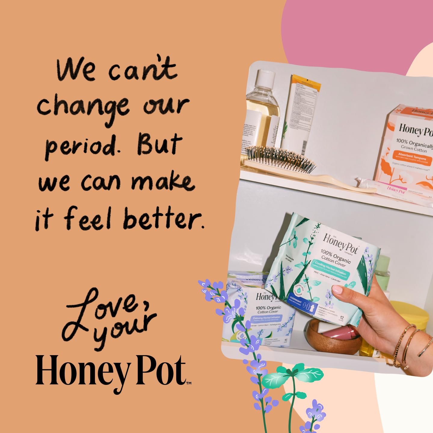 The Honey Pot Company paquete abierto con compresa lista para usar, fácil colocación