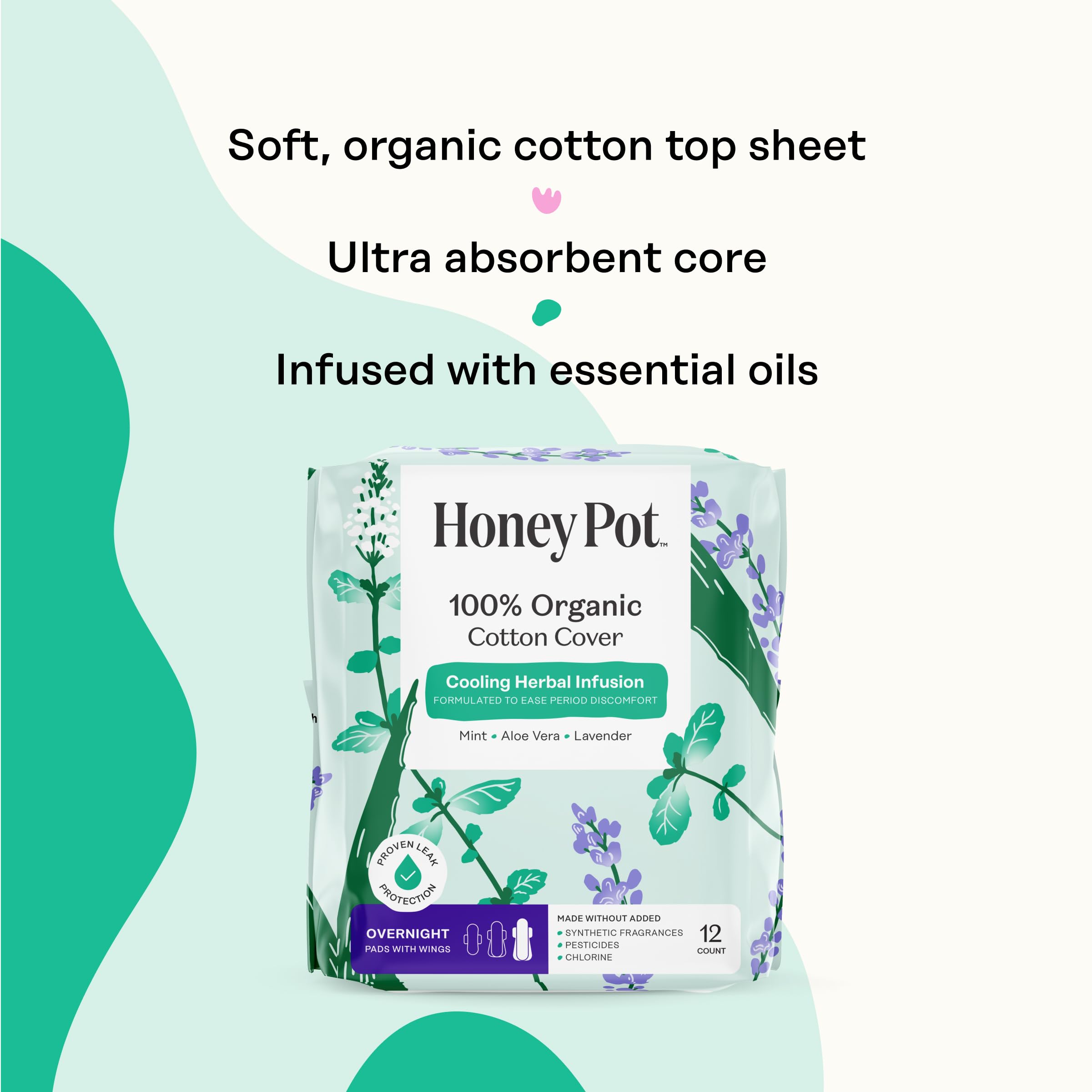 The Honey Pot Company compresa en uso nocturno sobre la cama para descanso sin filtraciones