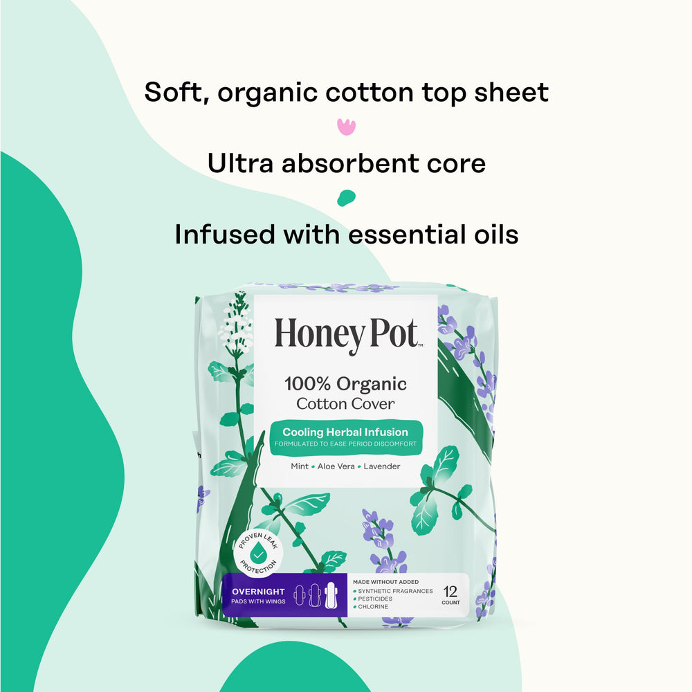 The Honey Pot Company compresa en uso nocturno sobre la cama para descanso sin filtraciones