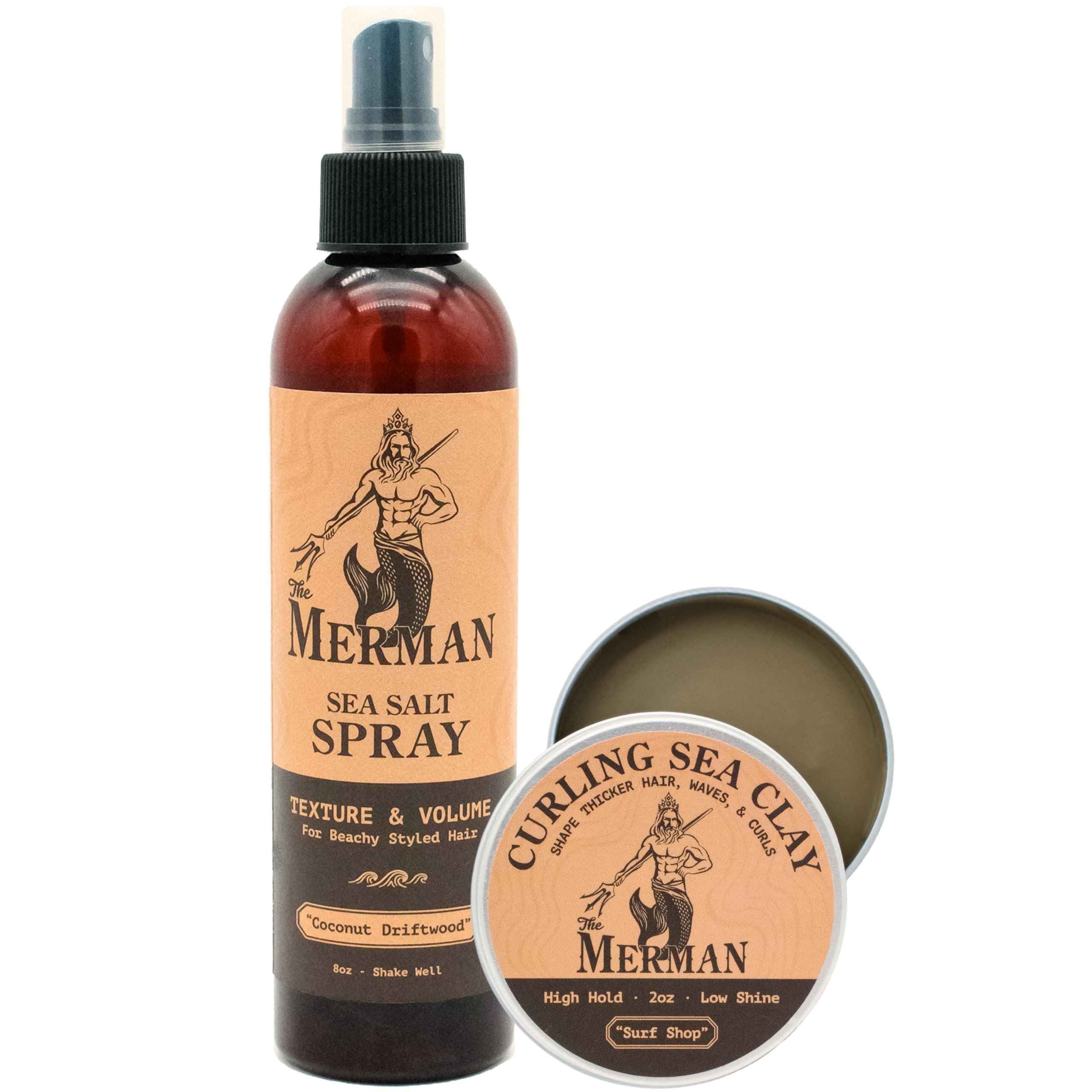 The Merman pack frontal mostrando spray y arcilla con beneficio de estilo inmediato