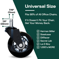 Size comparison and universal stem detail highlighting The Office Oasis easy-fit benefit
