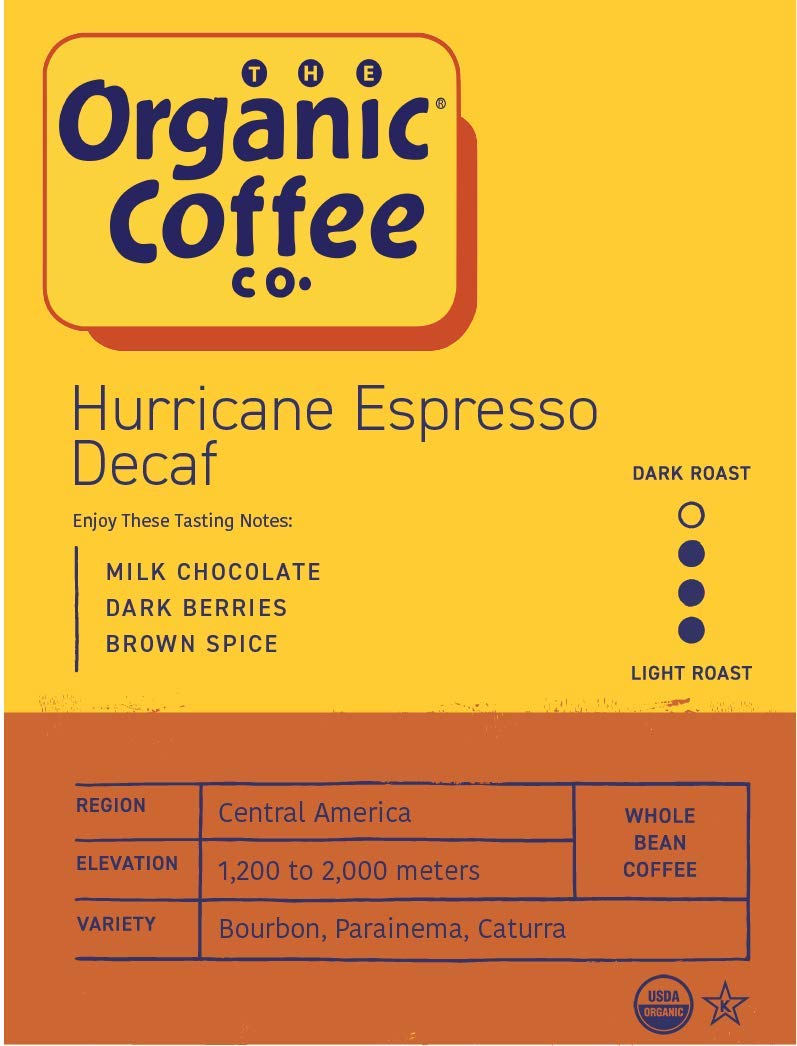 The Organic Coffee Co. decaf whole bean close-up revealing roast color and texture for freshness