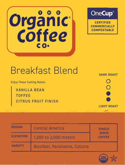 The Organic Coffee Co. pod close-up showing compostable texture and eco benefit