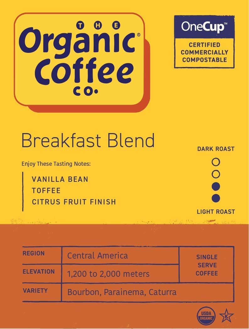 The Organic Coffee Co. pod close-up showing compostable texture and eco benefit