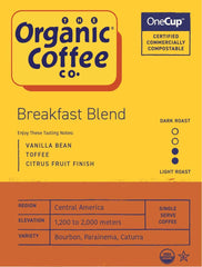 The Organic Coffee Co. pod close-up showing compostable texture and eco benefit