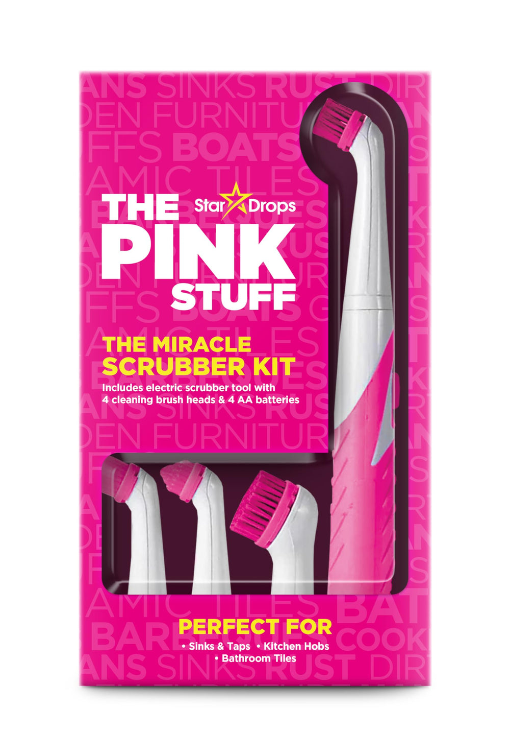 The Pink Stuff vista frontal del scrubber mostrando diseño ergonómico y potencia