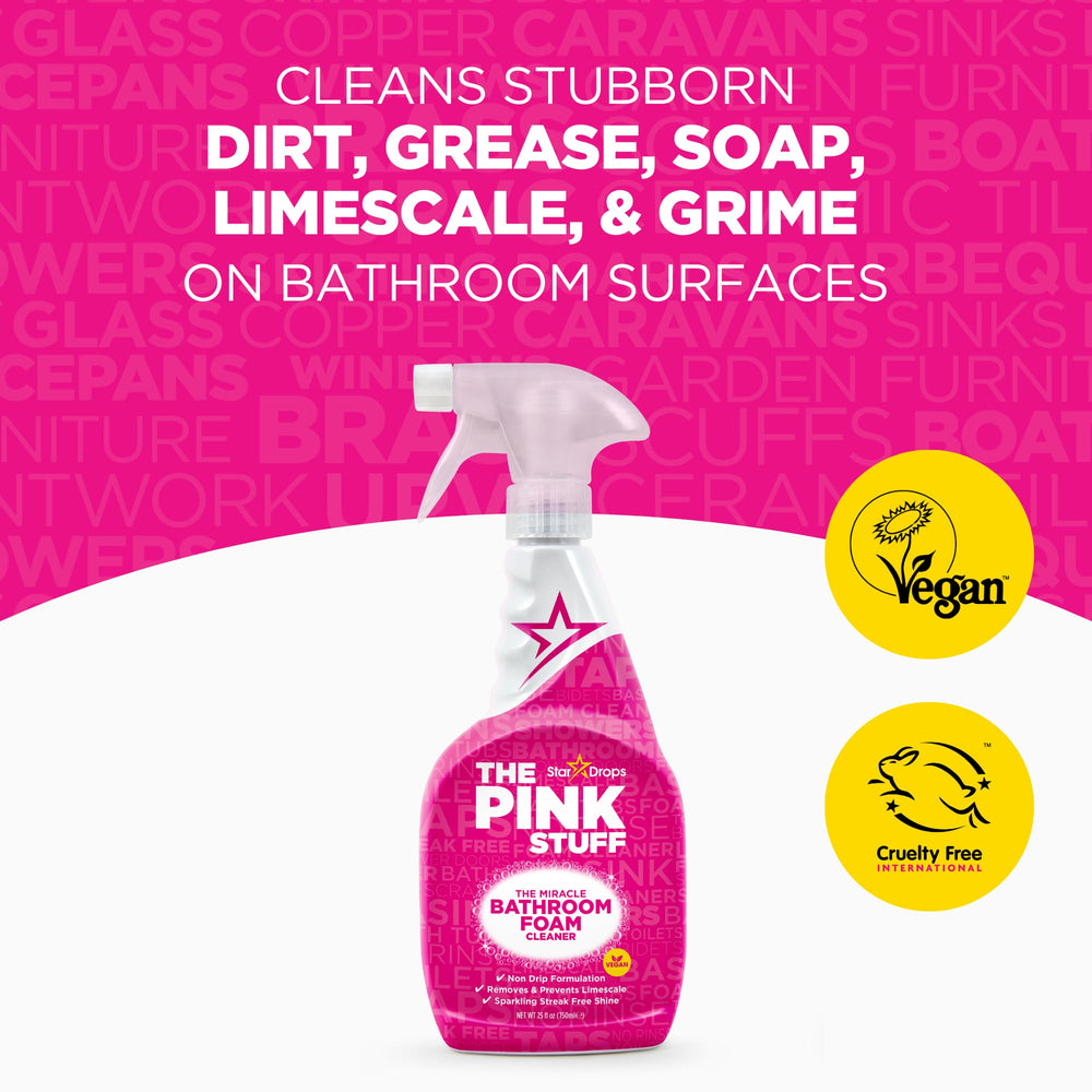 Stardrops The Pink Stuff spray espuma aplicándose en azulejo para eliminar suciedad y restos de jabón