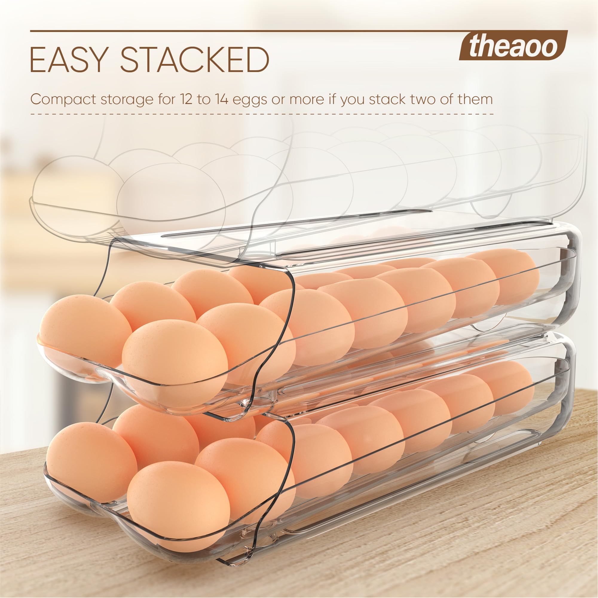 theaoo porta huevos en uso dentro de una nevera organizada y accesible