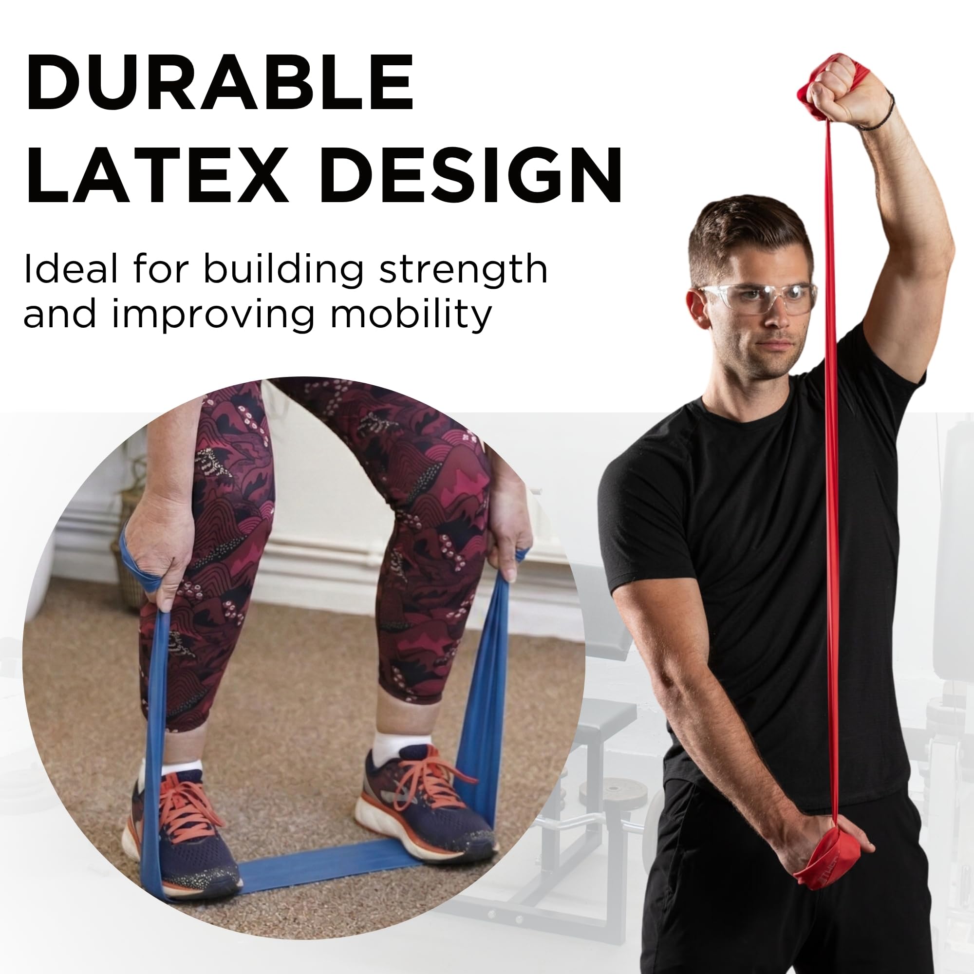 THERABAND uso en piernas y glúteos ofreciendo tensión estable y controlada