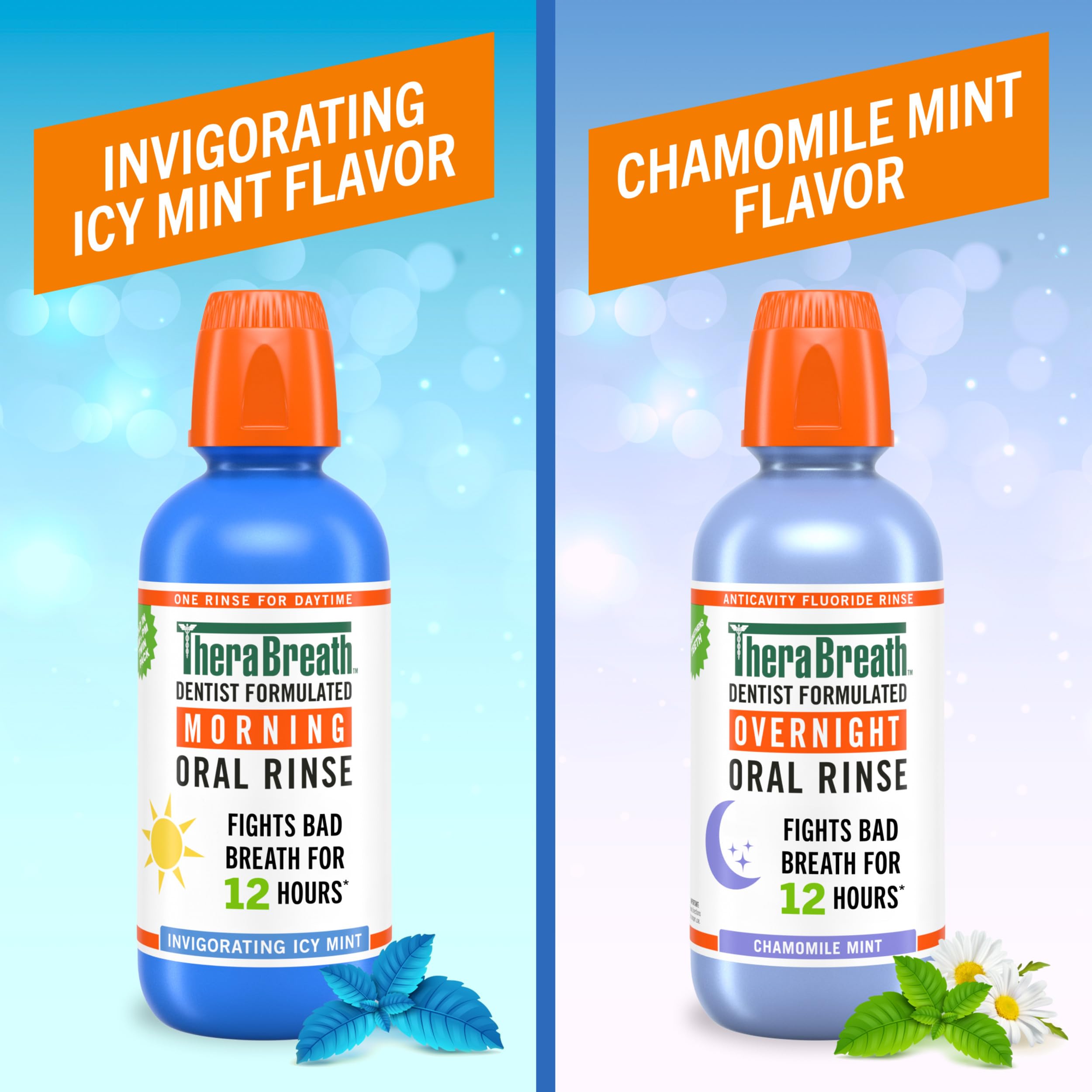 TheraBreath detalle de la etiqueta AM con beneficios y sabor Icy Mint
