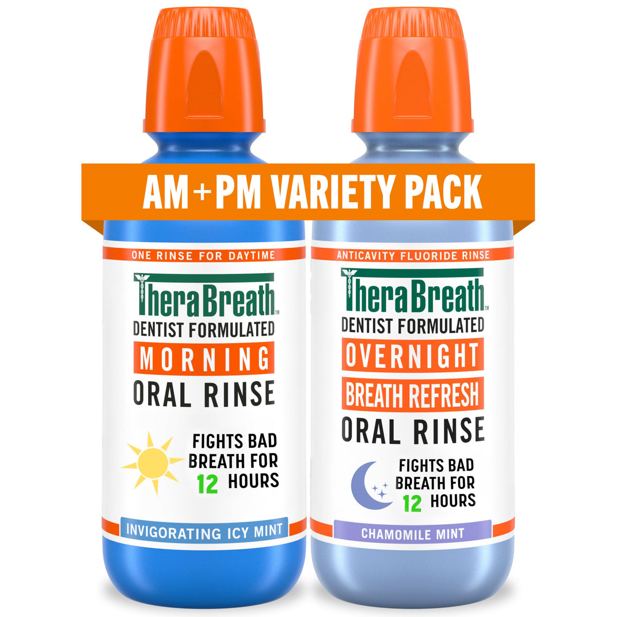 TheraBreath pack frontal mostrando las dos botellas para frescura día y noche