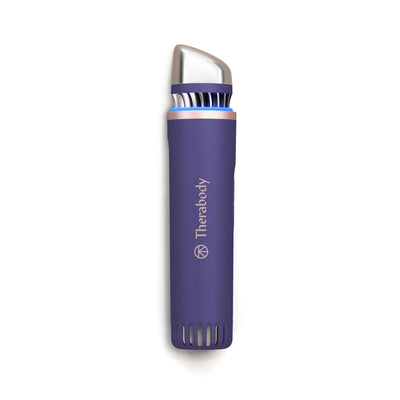 TheraFace depuffing wand front view showing indigo finish and compact profile for easy storage