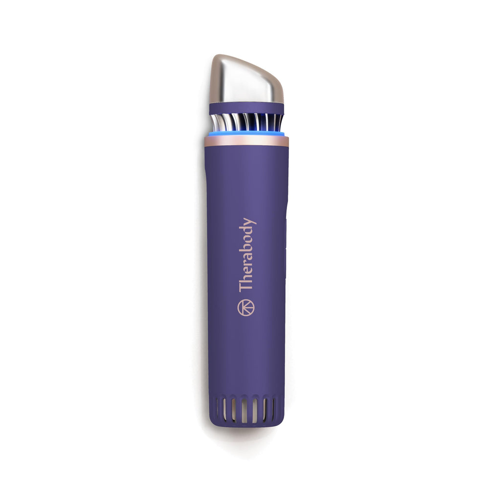 TheraFace depuffing wand front view showing indigo finish and compact profile for easy storage