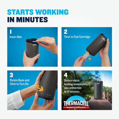 Thermacell repelente conectado y activo en mesa al aire libre, protección inmediata